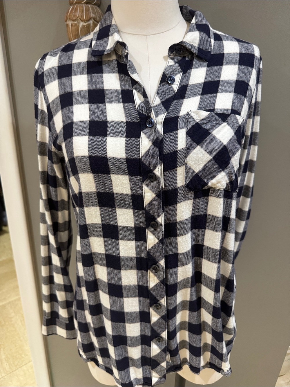 Women's Navy and White Flannel Plaid Button-Up Shirt